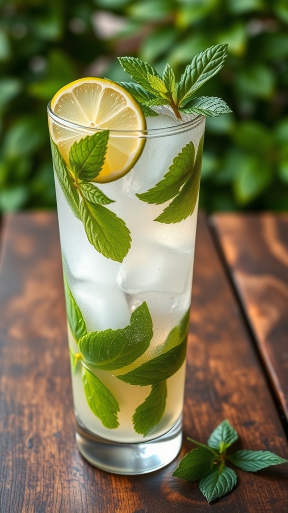 A refreshing bourbon mojito in a tall glass with mint and lime, surrounded by a green outdoor setting.